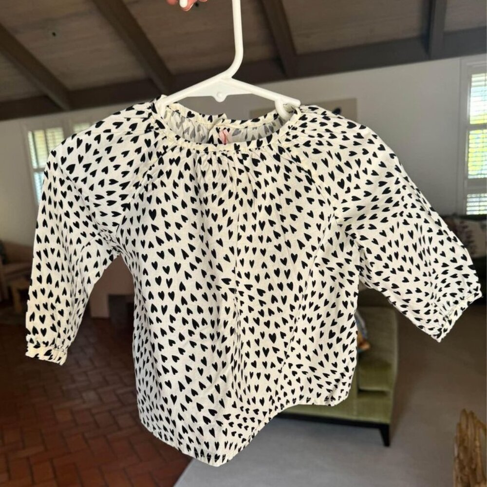 Bonpoint - White Long Sleeve Shirt w/Black Hearts - Size 18M